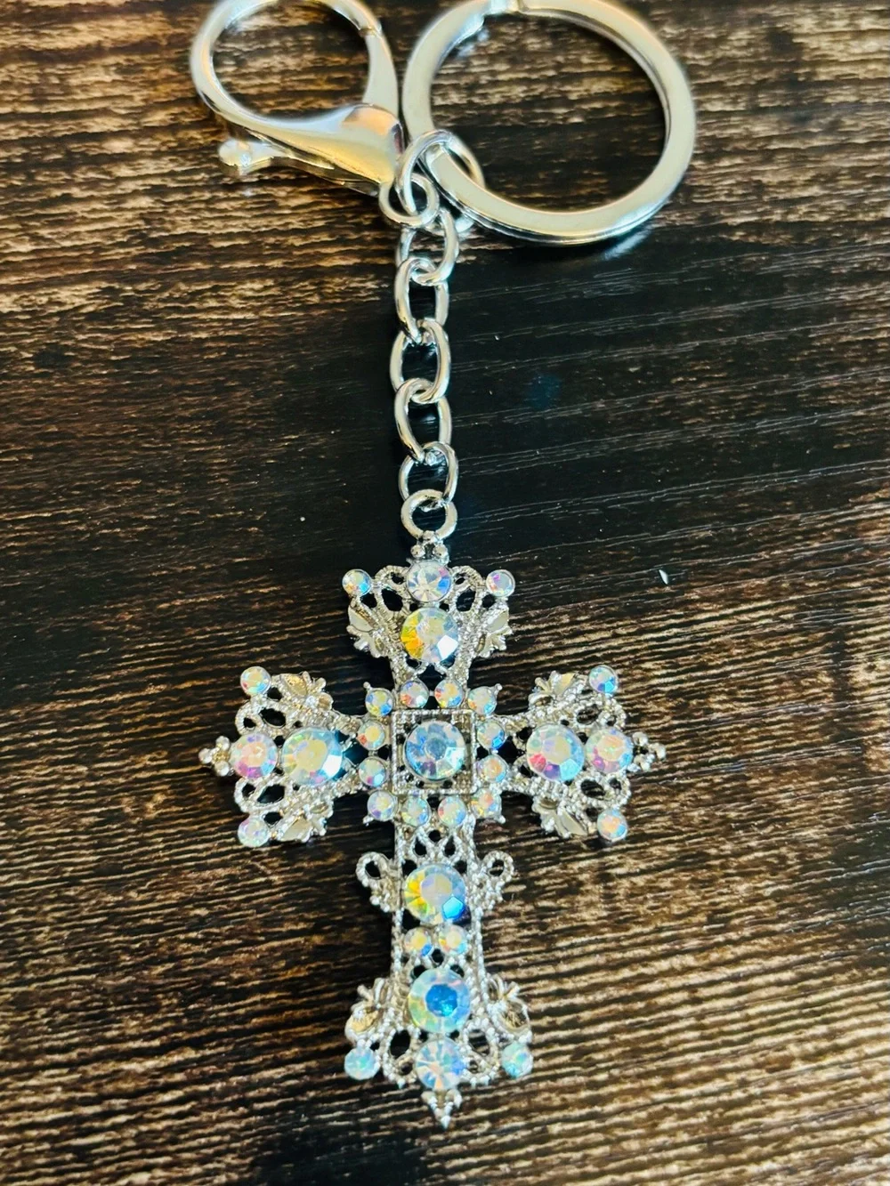 Silver-tone Cross Keychain with Iridescent Rhinestones